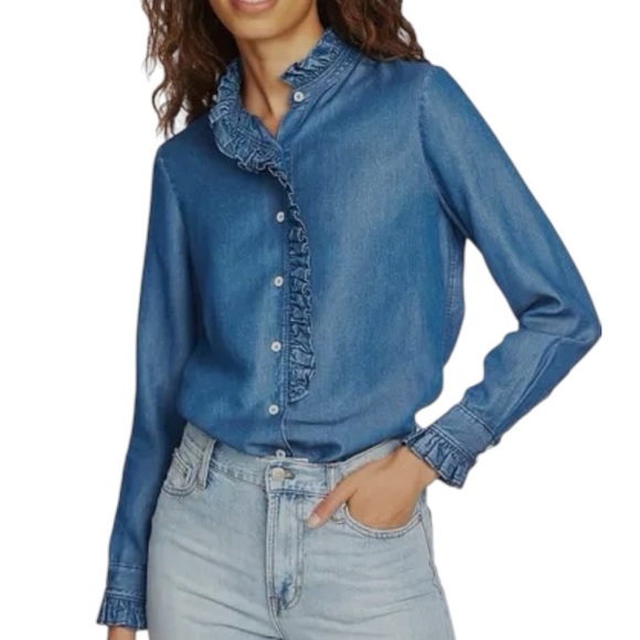 COURT & ROWE Tops - NEW COURT & ROWE Ruffle Tencel Lyocell Button-Down Shirt in Denim Blue